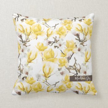 Yellow & White Magnolia Blossom Watercolor Pattern Throw Pillow by LifeInColorStudio at Zazzle