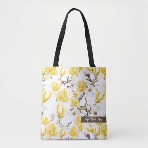 Yellow  White Magnolia Blossom Watercolor Pattern Tote Bag