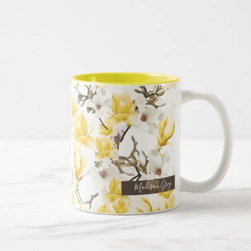 Yellow  White Magnolia Blossom Watercolor Pattern Two_Tone Coffee Mug