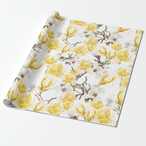 Yellow  White Magnolia Blossom Watercolor Pattern Wrapping Paper