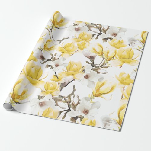 Yellow  White Magnolia Blossom Watercolor Pattern Wrapping Paper