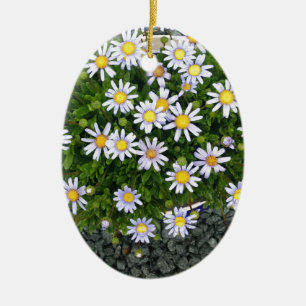 Yellow White Margarita Flowers with Grey Pebbles Ceramic Ornament