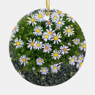 Yellow White Margarita Flowers with Grey Pebbles Ceramic Ornament