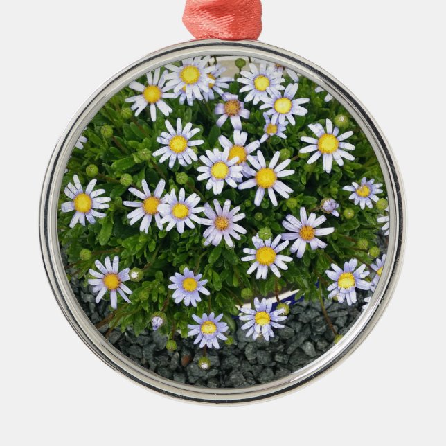 Yellow White Margarita Flowers with Grey Pebbles Metal Ornament (Front)