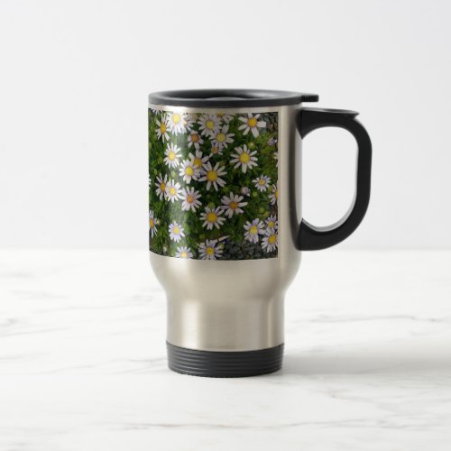 Yellow White Margarita Flowers with Grey Pebbles Travel Mug