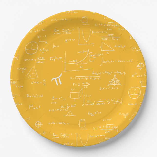Yellow White Math Equations Graphics Graduation Paper Plates (Front)