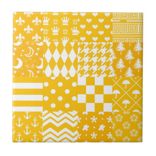 Yellow White Mixed Patterns Patchwork Design Ceramic Tile