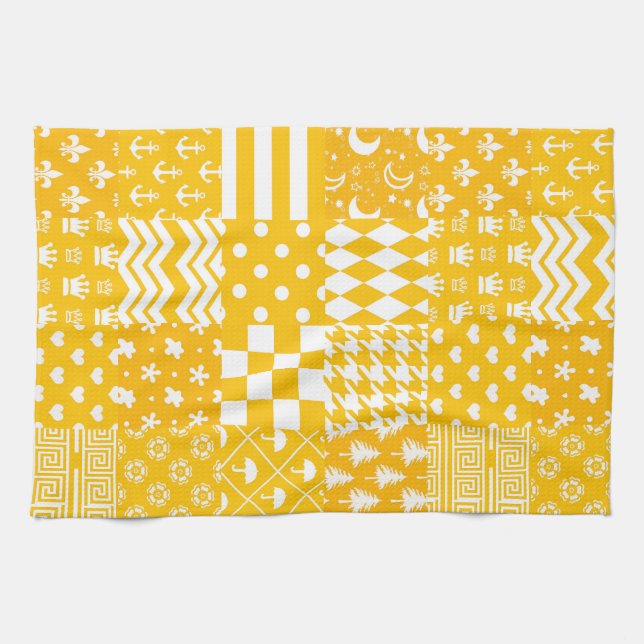 Yellow White Mixed Patterns Patchwork Design  Kitchen Towel (Horizontal)
