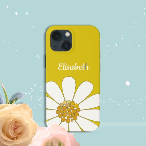 Yellow White Modern Daisy Flower Personalize Name  iPhone 13 Mini Case