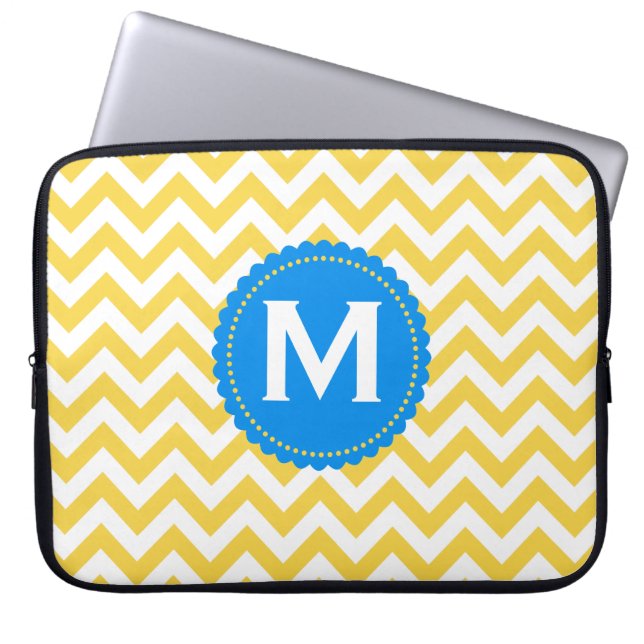 Yellow White Monogram Chevron Pattern Laptop Sleeve (Front)