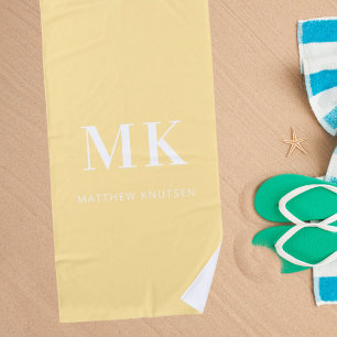 Yellow white monogram name initials beach towel