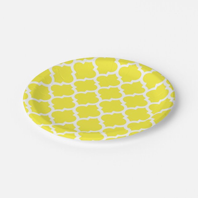 Yellow White Moroccan Quatrefoil Pattern #5 Paper Plates (Angled)