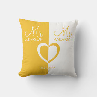 Yellow white Mr Mrs name heart wedding gift Throw Pillow