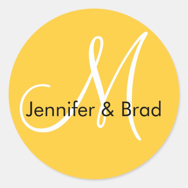Yellow White Names Monogram Wedding Favour Sticker (Front)
