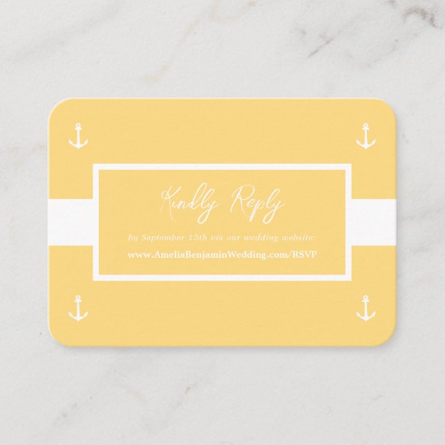 Yellow White Nautical Pattern Website Wedding RSVP Enclosure Card (Front)