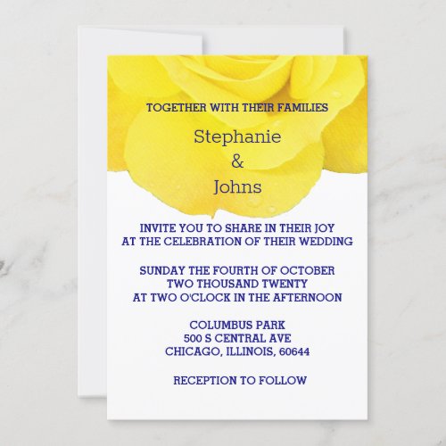 Yellow White Navy Blue Floral Rose Simple Wedding  Invitation