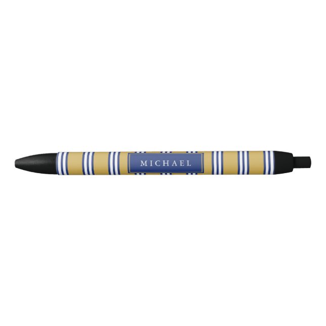 Yellow White & Navy Blue Stripes | Custom Name Pen (Front)