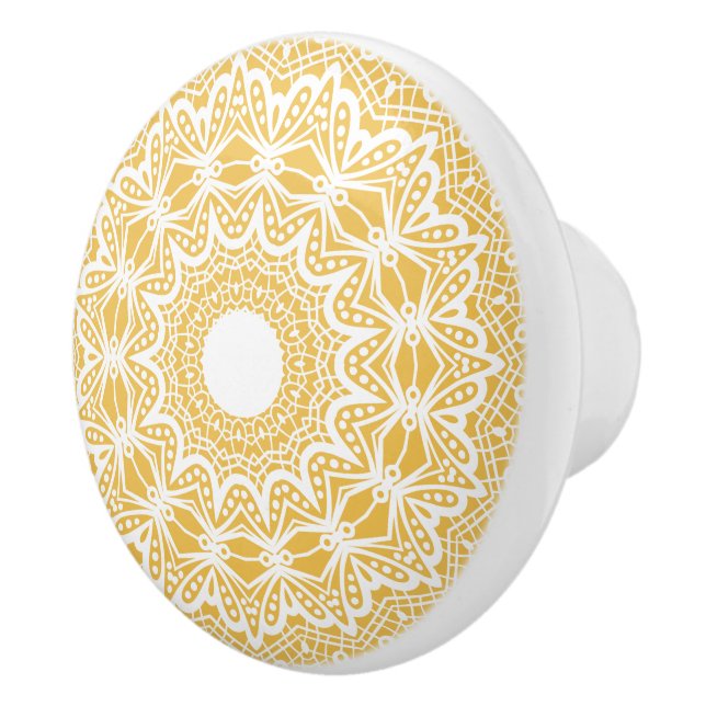Yellow & White Ornate Floral Lace Circle Ceramic Knob (Right)