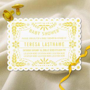 Yellow, white papel picado baby shower scalloped invitation