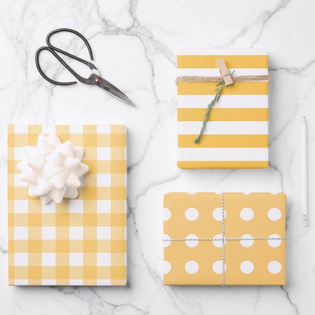 Yellow White Patterns Gingham Dots Striped  Wrapping Paper Sheets (Front)