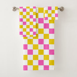 Yellow White Pink Checkered Design Bath Towel Set