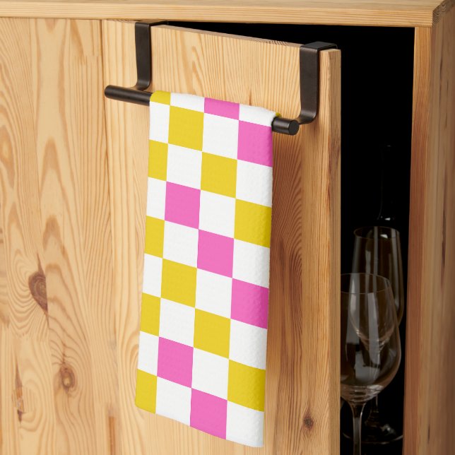 Yellow White Pink Checkered Design  Kitchen Towel (Thirds Fold)