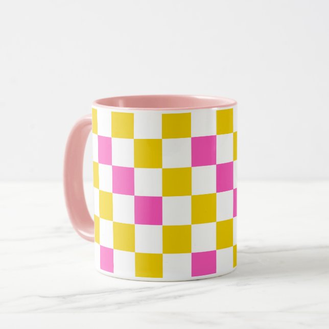 Yellow White Pink Checkered Design  Mug (Front Left)