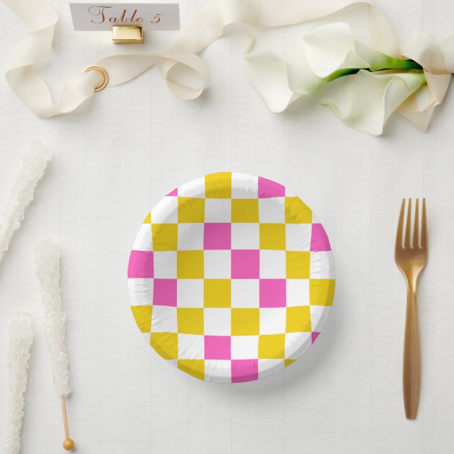 Yellow White Pink Checkered Design  Paper Bowls (Wedding)
