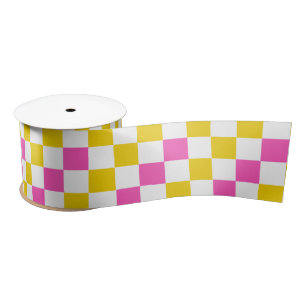 Yellow White Pink Checkered Design  Satin Ribbon