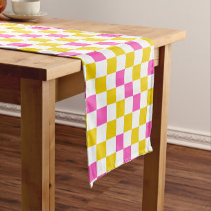 Yellow White Pink Checkered Design  Short Table Runner