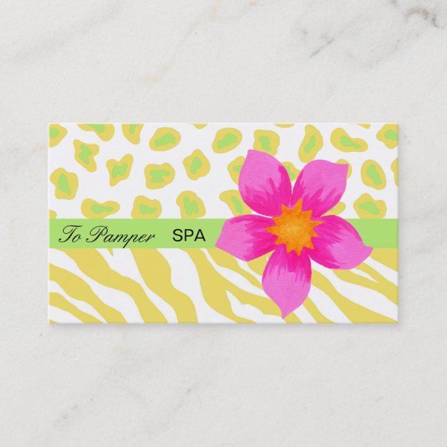 Yellow, White, Pink & Green Zebra & Cheetah Skin Business Card (Front)