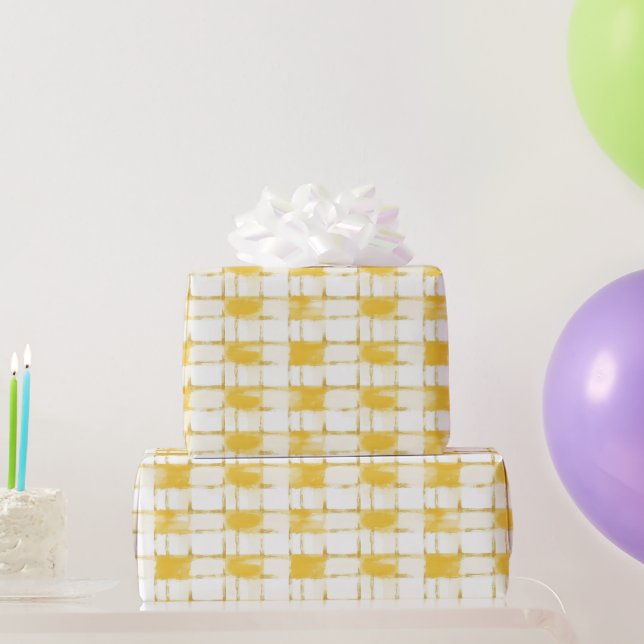 Yellow White Plaid Stripes Birthday Wrapping Paper (Party Gifts)