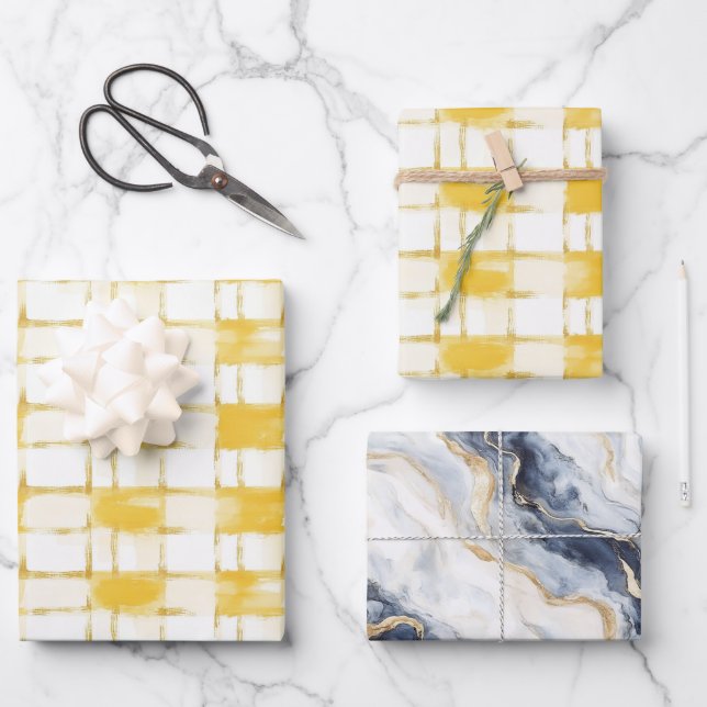 Yellow White Plaid Stripes Blue White Birthday Wrapping Paper Sheets (Front)