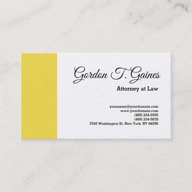 Yellow White Plain Professional Attorney at Law Business Card (Front)