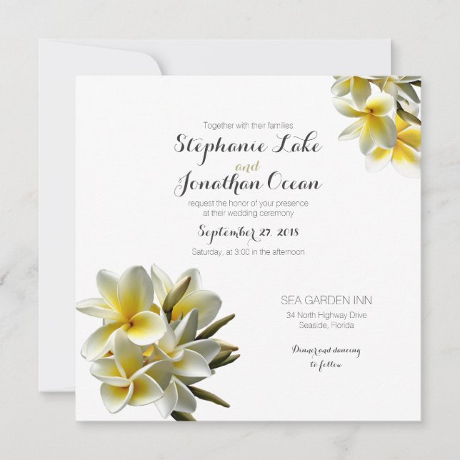 Yellow White Plumeria Hawaiian Wedding Invitation (Front)