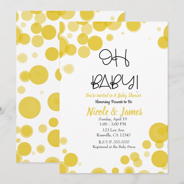 Yellow & White Polka Dot Bubbles OH BABY Shower Invitation (Front/Back)