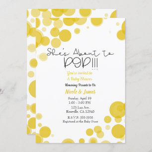 Yellow White Polka Dot Bubbles She's About to POP Invitation