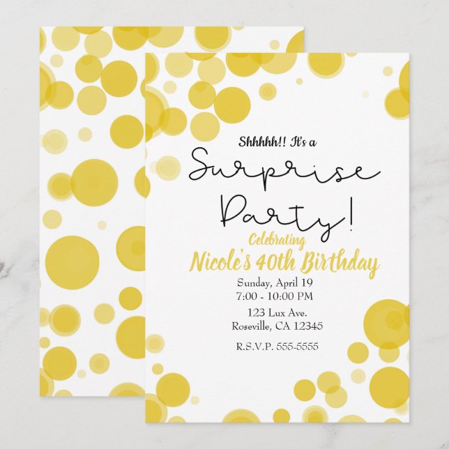 Yellow & White Polka Dot Bubbles Surprise Party Invitation (Front/Back)