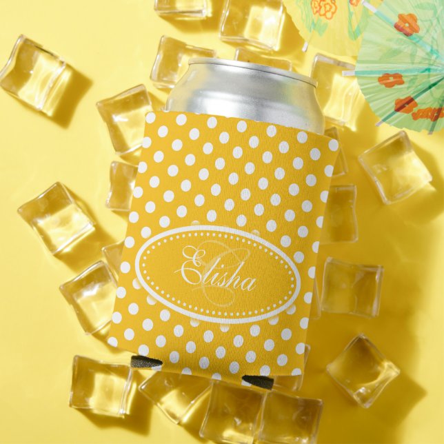 Yellow & white polka dot personalized  can cooler (In Situ Summer)