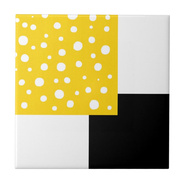 Yellow White Polka Dots Black & White Geometric Ceramic Tile (Front)