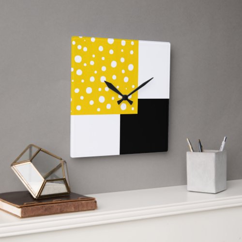 Yellow White Polka Dots Black  White Geometric Square Wall Clock