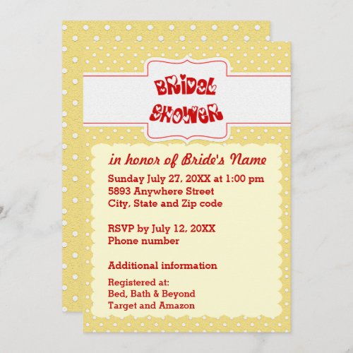 Yellow  White Polka Dots Heart Text Bridal Shower Invitation