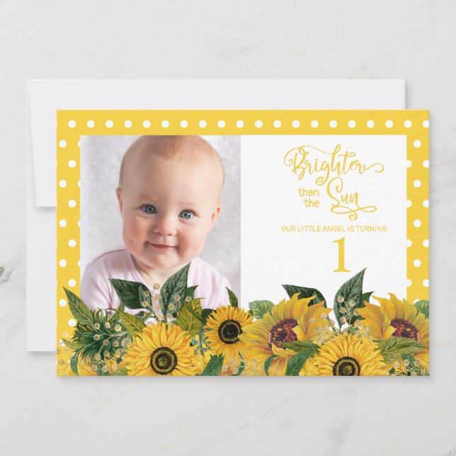 Yellow White Polka Dots Sunflowers First Birthday Invitation (Front)