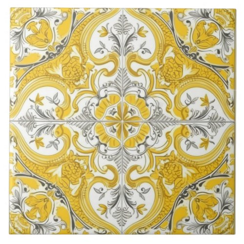 Yellow  White Portuguese Ceramic Tile