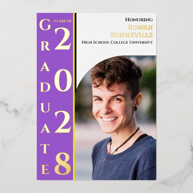 Yellow White Purple Black Graduation Photo Gold Foil Invitation (Front)