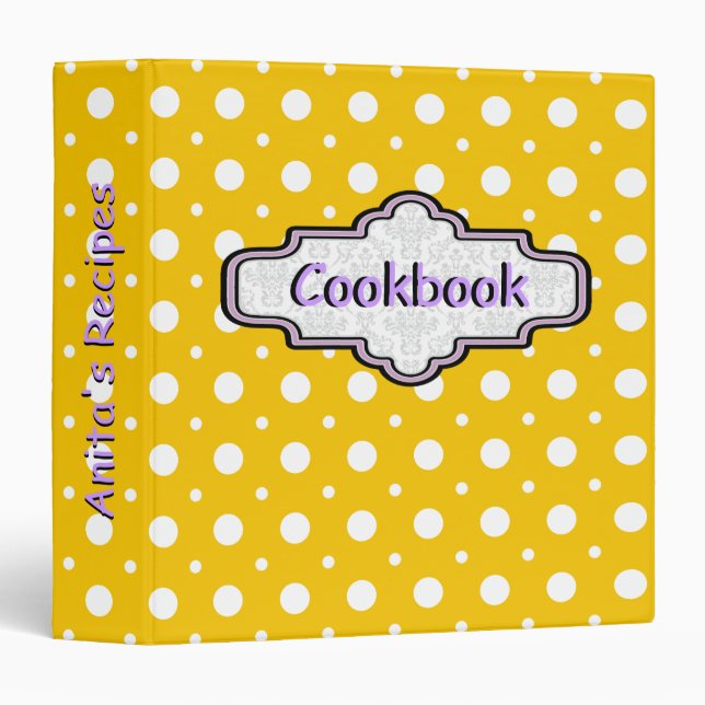Yellow, white retro polka dot pattern cute recipe 3 ring binder (Front/Spine)