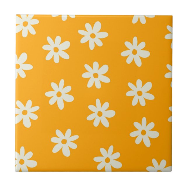Yellow White Retro Y2K Flower Pattern Ceramic Tile (Front)