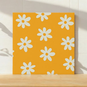 Yellow White Retro Y2K Flower Pattern Faux Canvas Print
