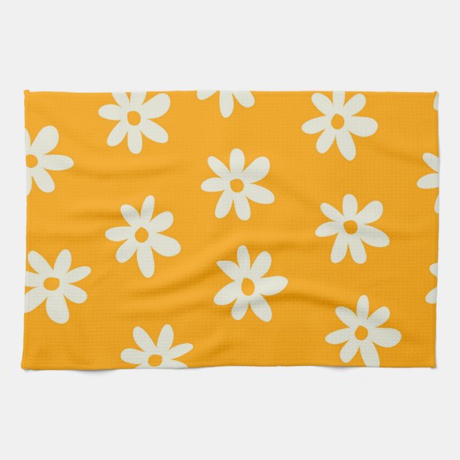 Yellow White Retro Y2K Flower Pattern Kitchen Towel (Horizontal)
