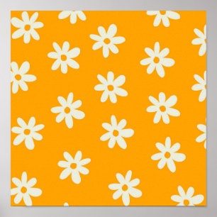 Yellow White Retro Y2K Flower Pattern Poster